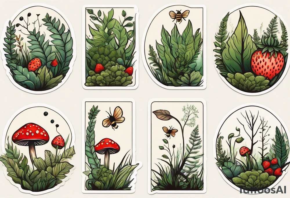 forest floor inspired minimalist tattoo, which includes grass, curly ferns, moss and dead leaves as the bulk of the tattoo. details to include: three very tiny strawberries, a tiny bumblebee flying nearby, three small brown mushrooms
Generate a vertically long one tattoo idea