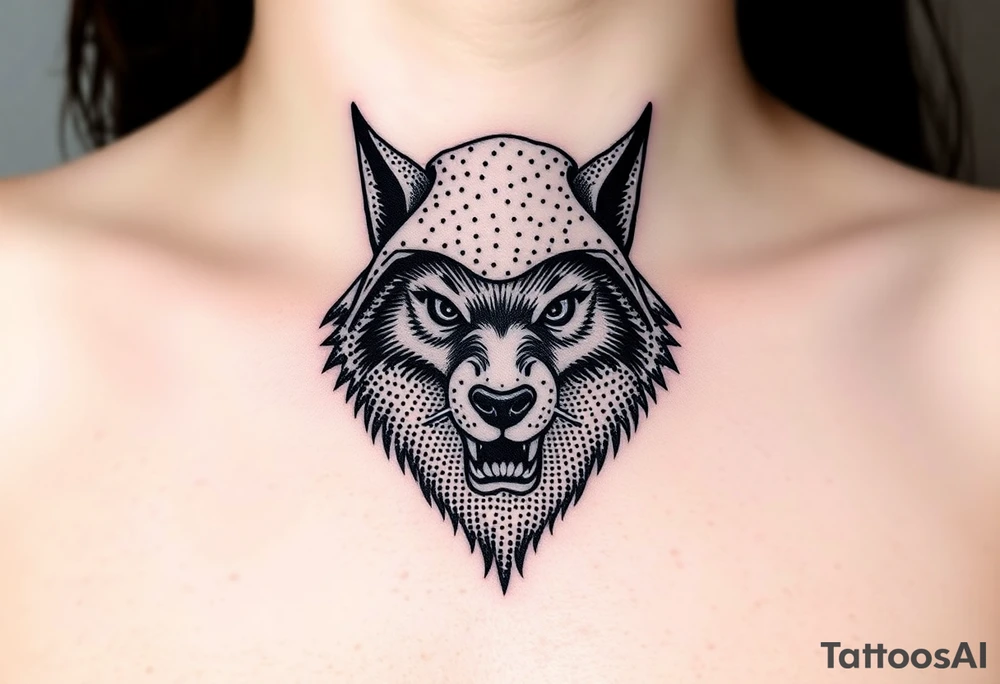 Big bad wolf nursery rhyme wearing a sheep costume with sheep head hood to kill and eat the three little pigs and little red riding hood in the woods tattoo idea