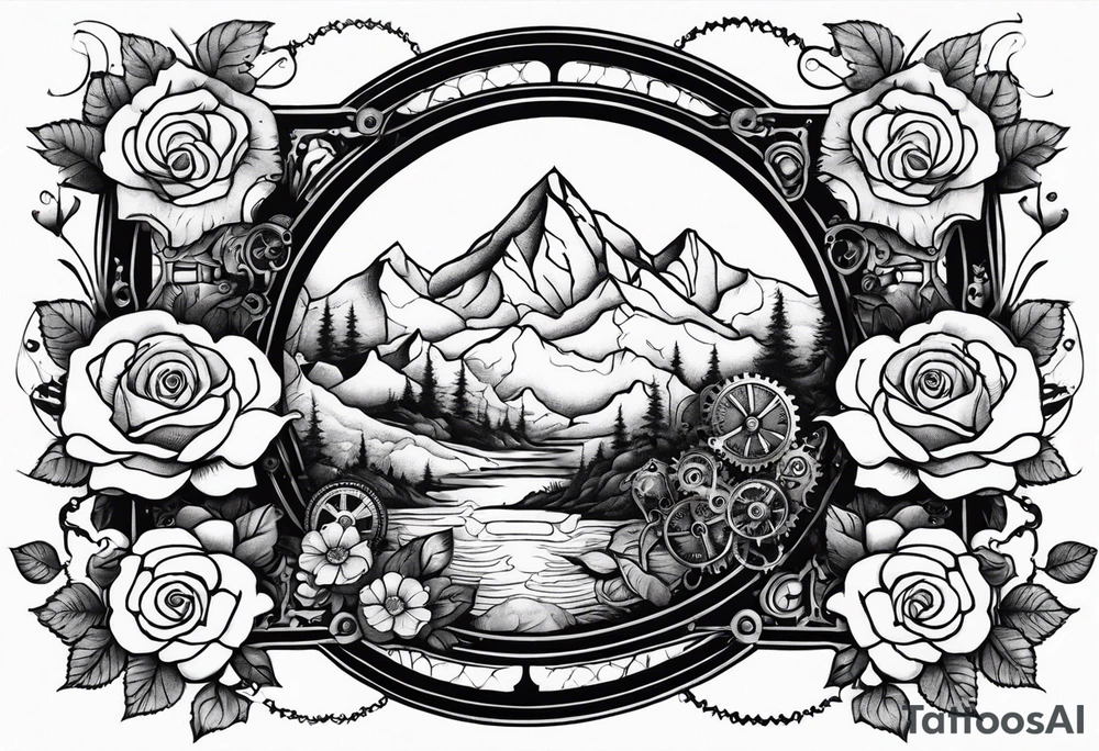 Sleeve with steampunk design with roses, butterflies, mechanicals and mountains tattoo idea