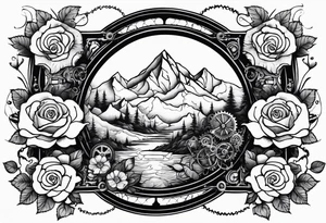 Sleeve with steampunk design with roses, butterflies, mechanicals and mountains tattoo idea