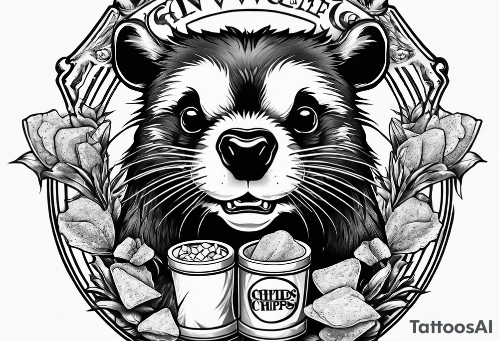 Angry badger with mouth open holding bag of chips tattoo idea