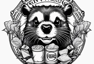 Angry badger with mouth open holding bag of chips tattoo idea