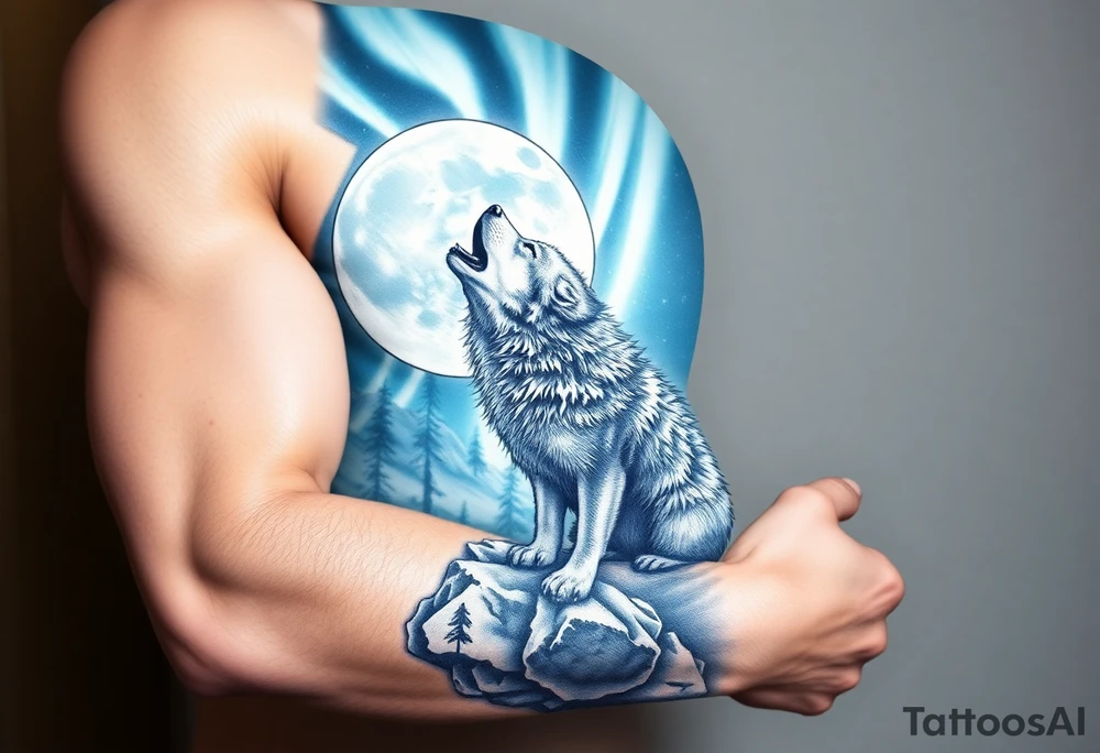 lone wolf howling at full moon with northern lights backdrop tattoo idea