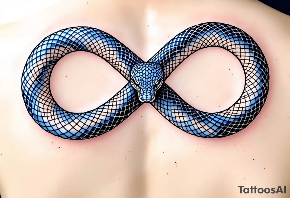 Generate a graphic of a snake. The snake should be a vibrant blue, similar to the color of the snake in the image I've uploaded. The snake should be coiled to form an infinity symbol. Within the two loops of the infinity symbol, leave two distinct empty spaces. These spaces are reserved for the placement of the 'xin' and 'yungun' symbols. The overall style should be clean and modern. and i uploaded the image of the snake too. tattoo idea