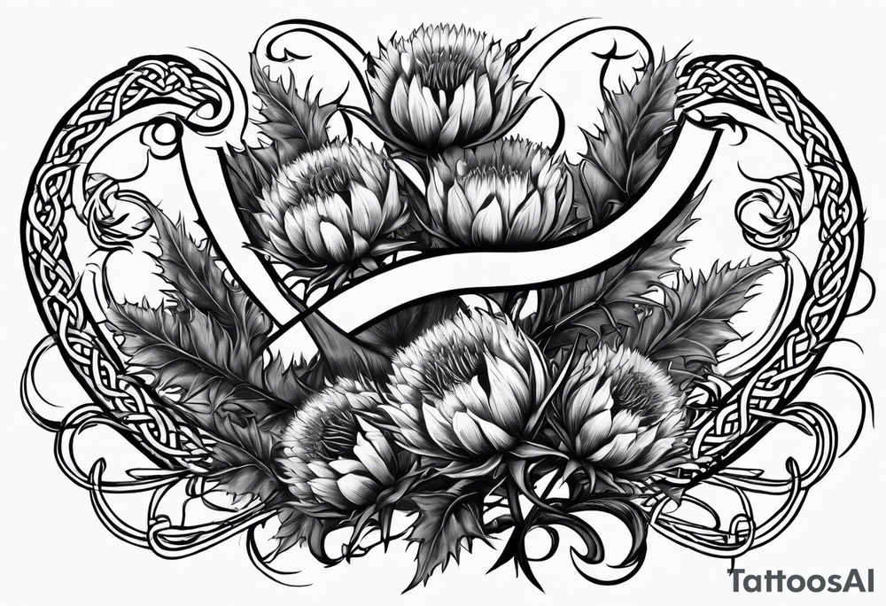 three thistles, Celtic knots, and the words "always remember there is nothing worth sharing like the love that let us share our names" tattoo idea