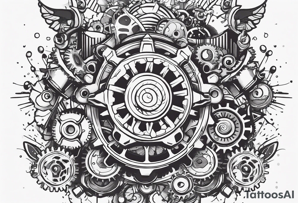 Nuts and bolts and gears and cogs on thigh tattoo idea