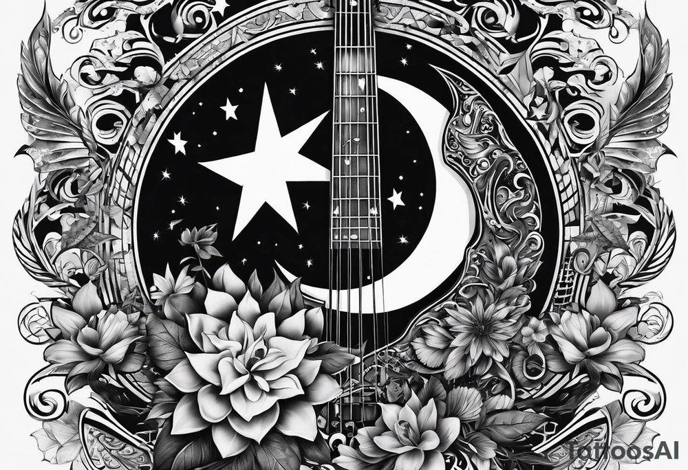 Collage for full sleeve with:
2 stars, 
1 quarter moon, 
a bass guitar, 
a caduceus symbol tattoo idea