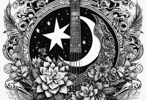 Collage for full sleeve with:
2 stars, 
1 quarter moon, 
a bass guitar, 
a caduceus symbol tattoo idea