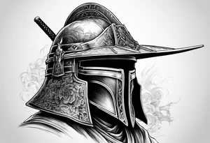 Ronin helmet with sword penetrating it tattoo idea