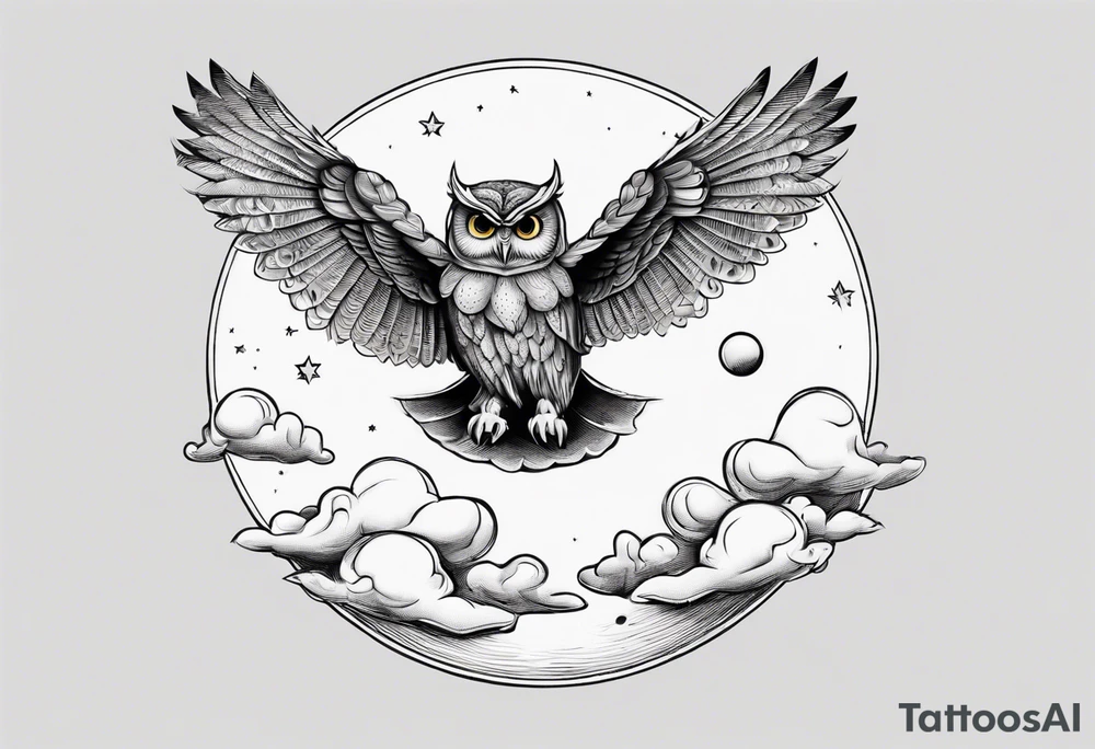 Wise and Regal Owl flying towards the Moon. tattoo idea