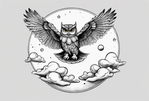 Wise and Regal Owl flying towards the Moon. tattoo idea
