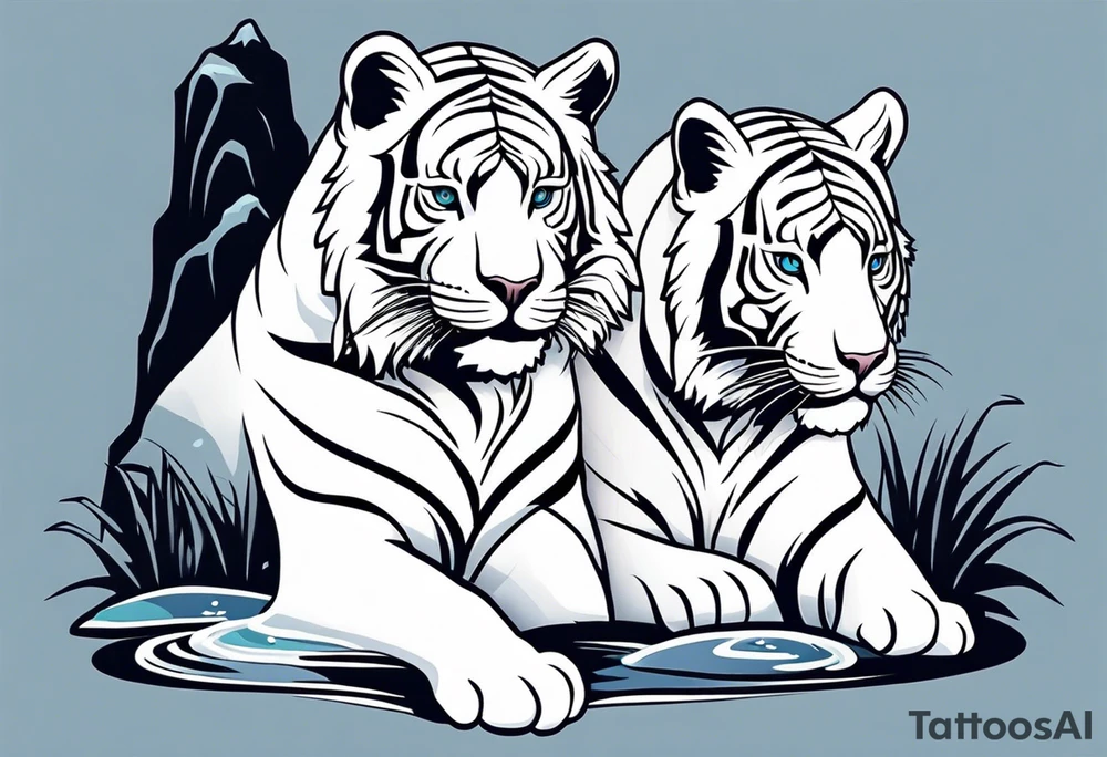 Two white tigers in nature separated by a waterfall tattoo idea Two white tigers in nature separated by a waterfall tattoo idea