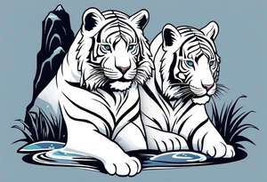 Two white tigers in nature separated by a waterfall tattoo idea
