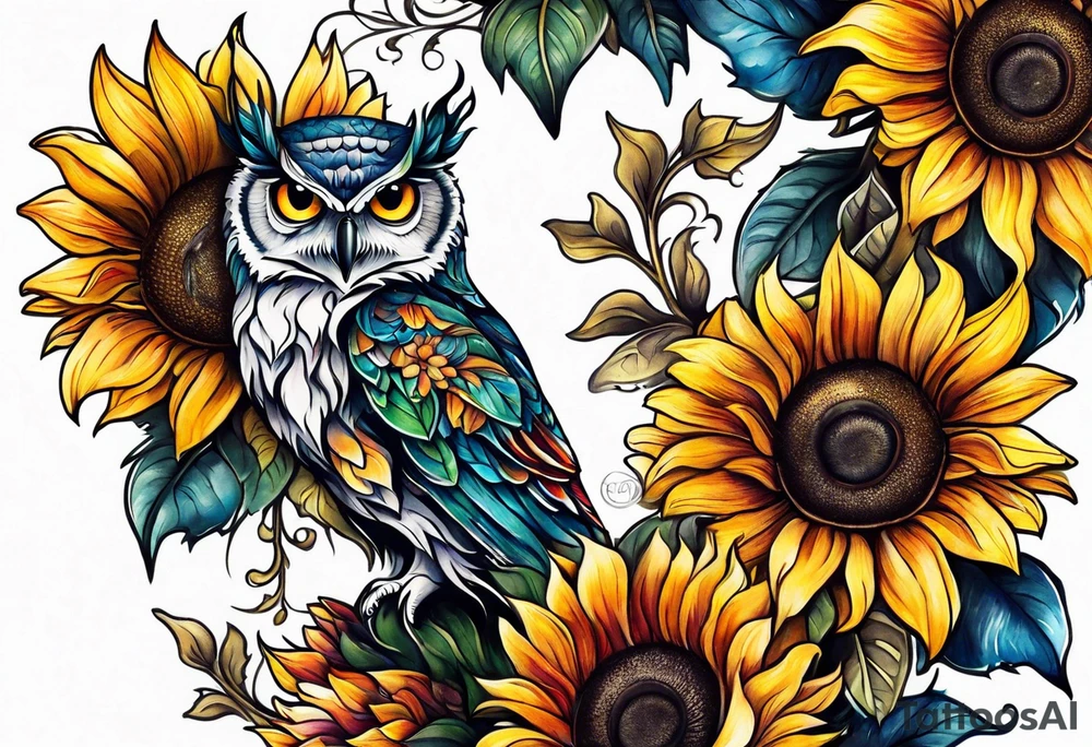 Leg sleeve with colorful sunflowers and an owl tattoo idea