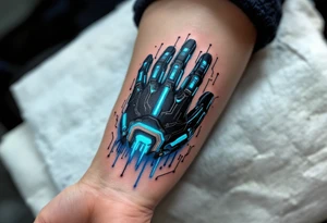 A futuristic robotic glove illusion in matte black and cobalt blue, with neon green circuit tracings. tattoo idea