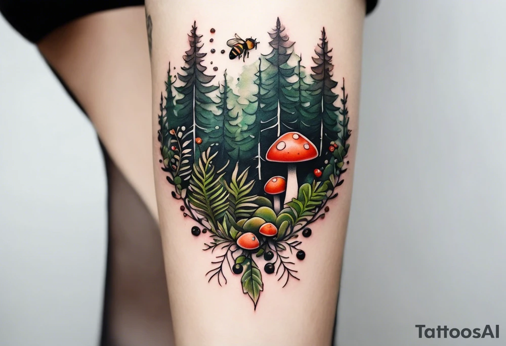 minimalistic forest floor inspired tattoo, which includes grass, moss, curly ferns and dead leaves as the bulk of the tattoo. details to include: forest berries, couple of very small brown mushrooms, a tiny bumblebee flying nearby tattoo idea