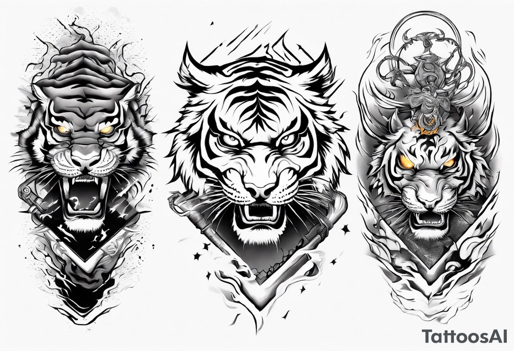 Tiger warrior with lightning and the sun for a forearm sleeve tattoo idea