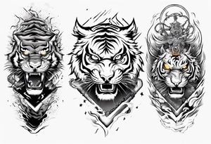 Tiger warrior with lightning and the sun for a forearm sleeve tattoo idea