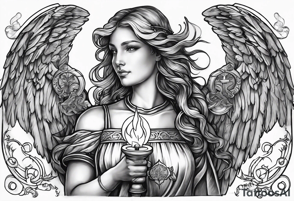 Angel with a torch showing the way with alchemy symbols in the background tattoo idea