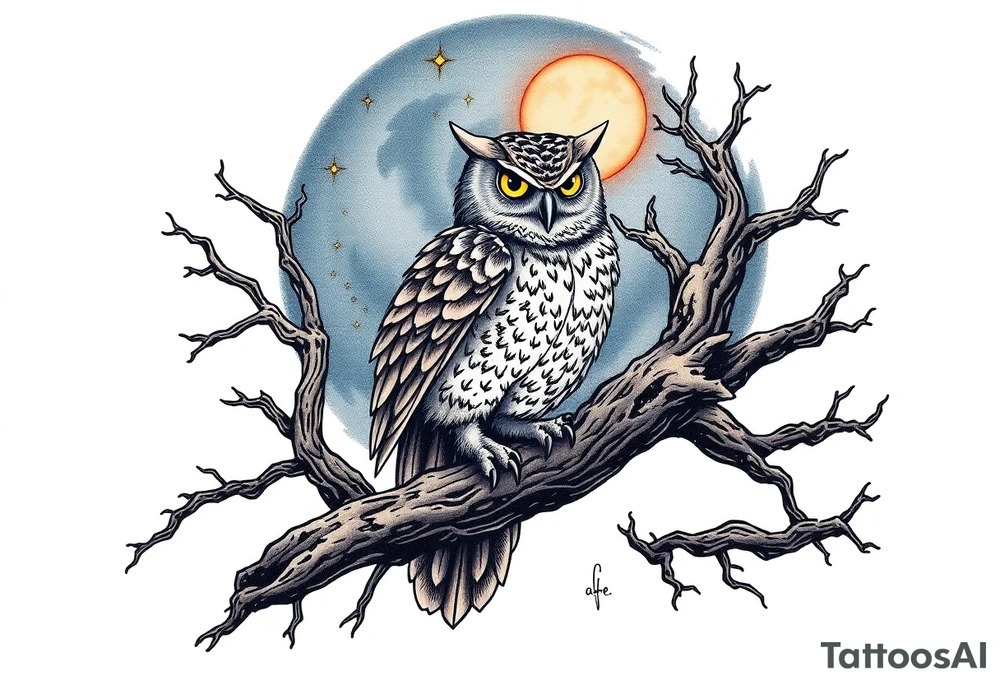 wise owl perched on ancient oak branch under starlit sky tattoo idea