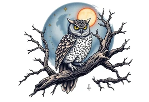 wise owl perched on ancient oak branch under starlit sky tattoo idea