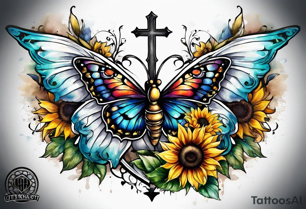 Winged cross with sunflower and butterflies tattoo idea