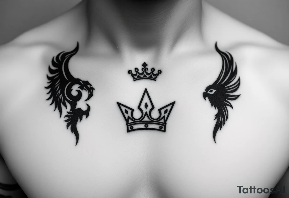 Chest tattoo, two laurier and icelandic symbols, dark brest tattoo, crown betwen laurier tattoo idea