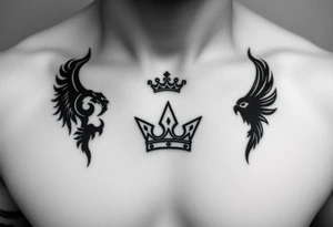 Chest tattoo, two laurier and icelandic symbols, dark brest tattoo, crown betwen laurier tattoo idea