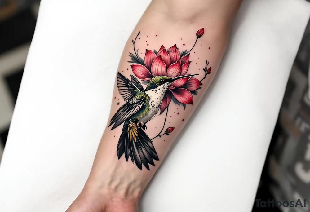 a hummingbird drinking from an egyptian lotus (red and black) tattoo idea