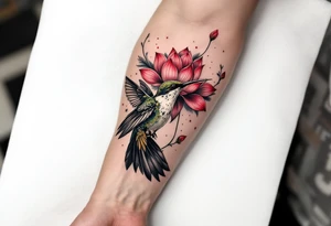 a hummingbird drinking from an egyptian lotus (red and black) tattoo idea