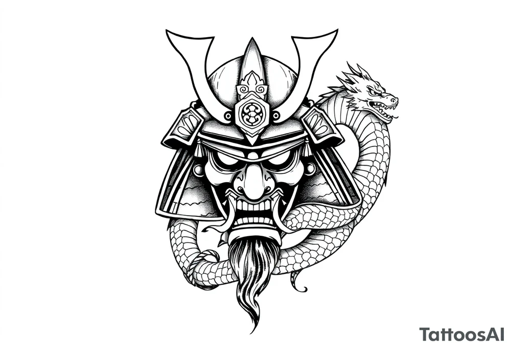 Samurai helmet tattoo design with dragon wrapped around, black and grey ink, Japanese tattoo style, intricate armor, fierce expression, mythological energy, tattoo linework, medium forearm size, symmetrical design tattoo idea