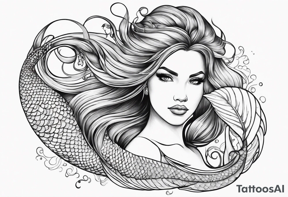 sexy goddess mermaid with flowing hair and long flowing tail with scales and tattoos combine the favorites tattoo idea