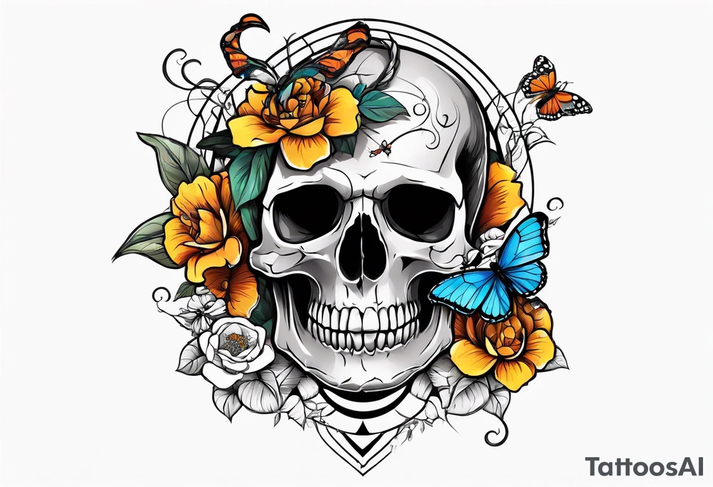 Skull tattoo with a scorpion, butterflies, and flowers tattoo idea