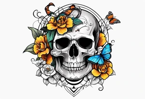Skull tattoo with a scorpion, butterflies, and flowers tattoo idea