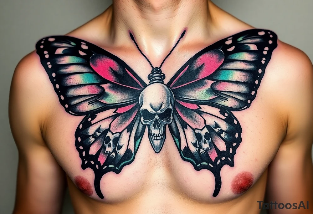 evil powerful majestic and dark monarch butterfly with  graffiti skull detail as the body hidden skulls in wings, skull detail making the body of the butterfly with a horror style effect, including aqua, pink and green colouring
placement on chest at collarbone tattoo idea