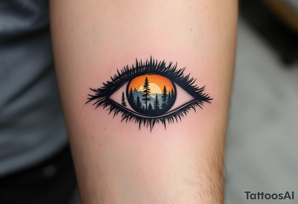 An eye silhouette containing a detailed forest landscape at sunrise, realistic shading, warm colors for the light, blackwork for the forest. tattoo idea