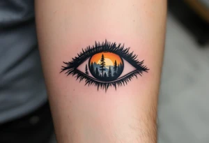 An eye silhouette containing a detailed forest landscape at sunrise, realistic shading, warm colors for the light, blackwork for the forest. tattoo idea