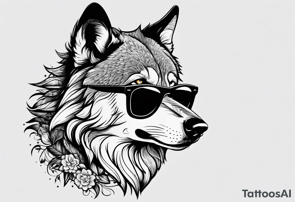 Chill wolf wearing sunglasses tattoo idea