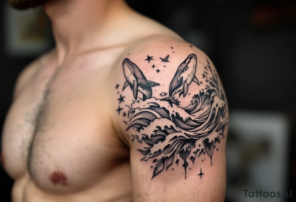 Fine line powerful ocean half sleeve with a wave, a whale and other elements with some shading tattoo idea