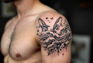 Fine line powerful ocean half sleeve with a wave, a whale and other elements with some shading tattoo idea