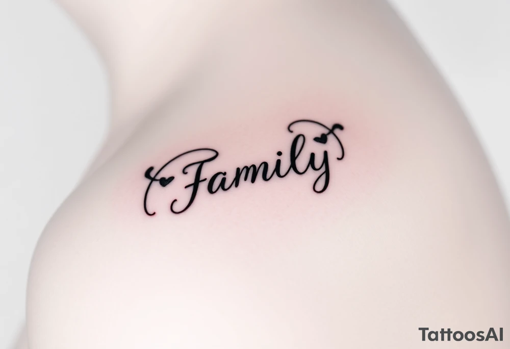 A flowing infinity symbol intertwined with the word "family" written in elegant cursive tattoo idea