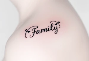 A flowing infinity symbol intertwined with the word "family" written in elegant cursive tattoo idea