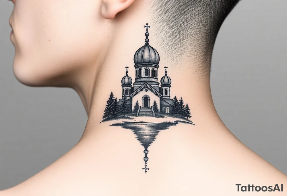 medium sized russian orthodox dome church with a separated virgin mary with a lake and pine trees on the sized of my neck tattoo idea
