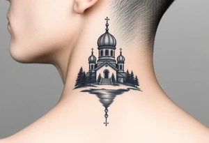 medium sized russian orthodox dome church with a separated virgin mary with a lake and pine trees on the sized of my neck tattoo idea