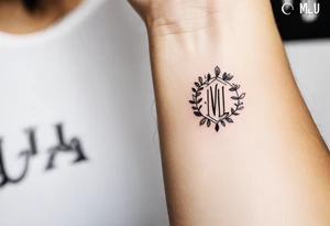 small tattoo on the forearm with the initials MLJ, date of birth 22/09/22 in the style of a moluccan tattoo tattoo idea