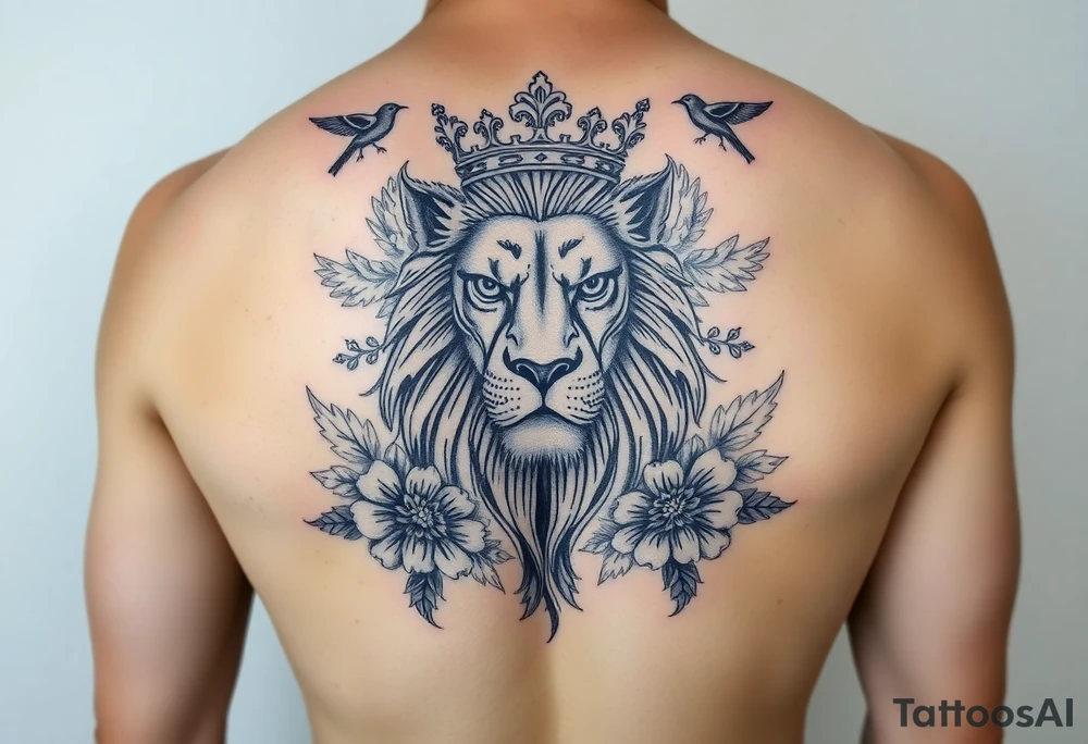 powerful majestic lion with a crown, surrounded by floral ornaments and birds tattoo idea