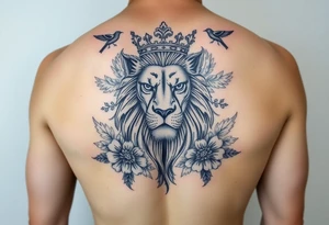 powerful majestic lion with a crown, surrounded by floral ornaments and birds tattoo idea