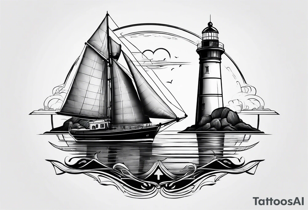 maritime lighthouse in a front view sailboat serving as a mast for a sail. tattoo idea