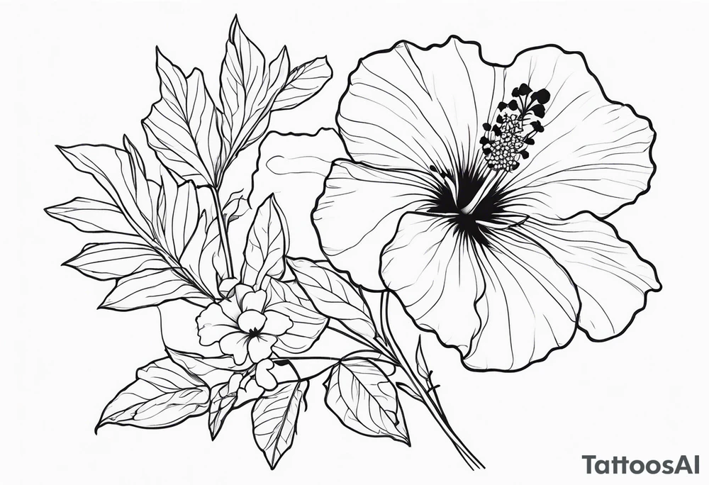Hibiscus with wildflowers, poppy, complimentary flowers tattoo idea