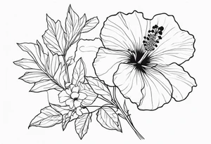 Hibiscus with wildflowers, poppy, complimentary flowers tattoo idea